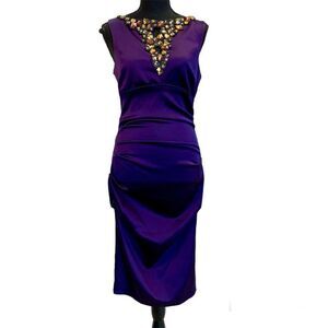 Cache Women's Purple gem jewelled ruched sleeveless Dress Sz 10